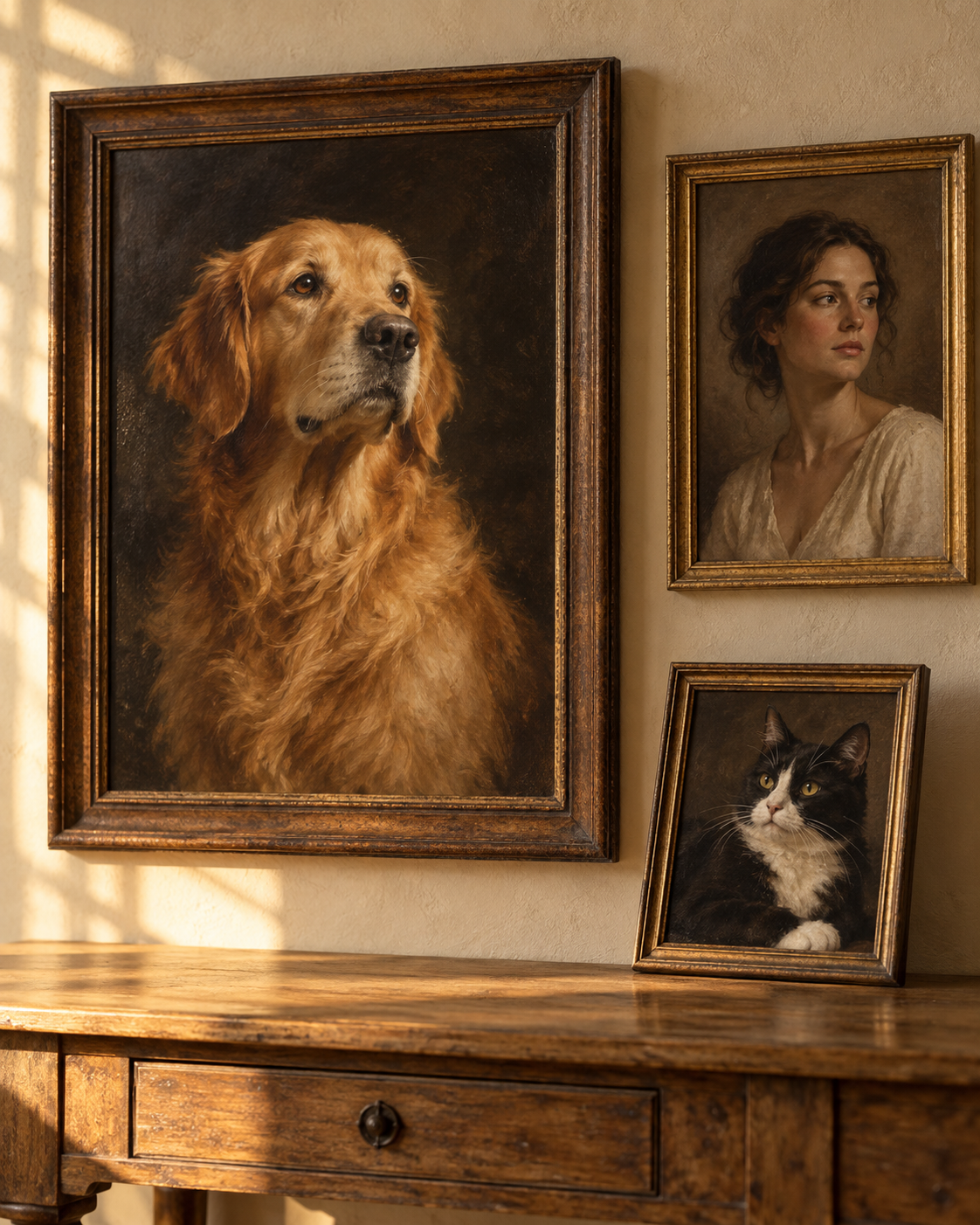 Concept gallery of framed oil-style portraits of a golden retriever, a woman, and a cat in warm afternoon light